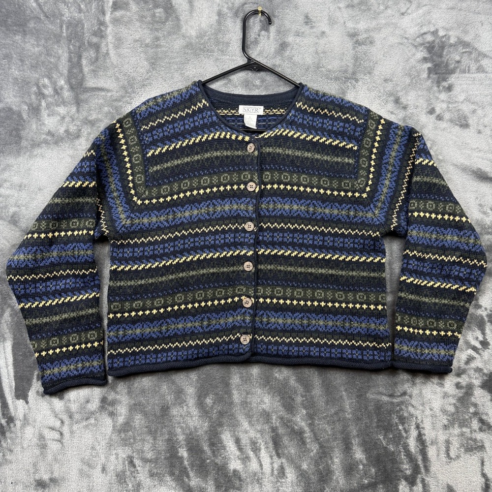 Skyr Cardigan Sweater Womens L Blue Fair Isle Ramie Cotton Knit Button Front